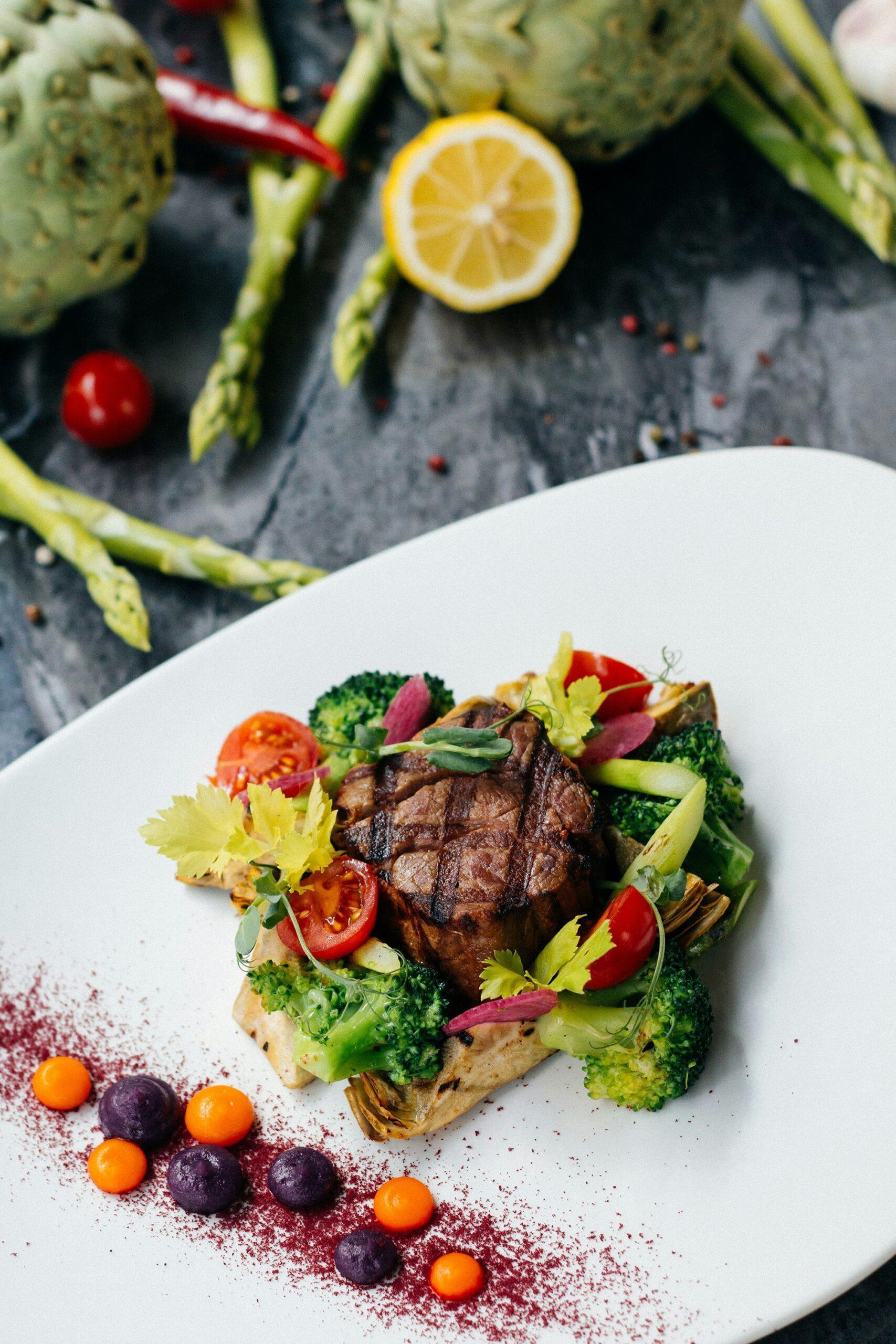 Home food photography of a beautifully plated meat and vegetable dish